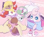  4girls alternate_color animal_ears blue_eyes blush book bow braixen bunny_ears chin_rest cupcake doll enohito eyes_closed feet female flower food fox_ears fox_tail full_body gardevoir green_hair hair_bow hair_flower hair_over_one_eye happy headband ipad long_sleeves looking_down lopunny lying mega_gardevoir mega_pokemon multiple_girls no_humans on_back on_stomach open_book pajamas paws pikachu pink_background pink_bow plate pokemon pokemon_(creature) pokemon_dppt pokemon_rgby pokemon_rse pokemon_xy ribbon_trim shiny_pokemon short_hair simple_background sitting smile stick tail white_flower wigglytuff 