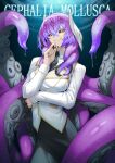  1girl arm_under_breasts black_nails black_necktie black_sclera breasts colored_sclera head_wings highres horizontal_pupils kengzeta large_breasts long_hair looking_at_viewer necktie original purple_hair solo suction_cups tentacle_hair tentacles wings yellow_eyes 