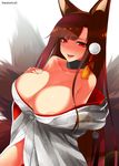  akagi_(azur_lane) animal_ears areola_slip areolae azur_lane bad_id bad_pixiv_id bare_shoulders breasts brown_hair commentary eyebrows_visible_through_hair hand_on_own_chest highres japanese_clothes kimono large_breasts long_hair looking_at_viewer mattari_yufi open_mouth smile solo teeth 