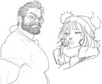  1boy 1girl absurdres bara beard character_request facial_hair from_side full_beard glasses greyscale highres large_pectorals liyamou looking_at_viewer mature_male metal_gear_(series) metal_gear_solid_v:_the_phantom_pain monochrome muscular muscular_male pectorals shirt sketch t-shirt thick_beard thick_eyebrows upper_body wrinkled_skin 