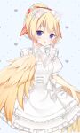  1girl artist_name artist_request blonde_hair blue_eyes blush bow bowtie breasts collar dress dress_bow feathers frilled_collar frilled_dress frills grey_background hair_bow hair_ribbon harpy heart heart_background highres indie_virtual_youtuber maid_day mavia_(vtuber) monster_girl orange_ribbon puffy_short_sleeves puffy_sleeves ribbon second-party_source short_sleeves sidelocks solo white_bow white_bowtie white_dress white_ribbon yellow_feathers 
