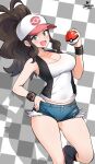  1girl :d absurdres bare_legs baseball_cap black_vest black_wristband blue_eyes blush breasts brown_hair checkered_background cleavage denim denim_shorts drop_shadow exposed_pocket hand_on_own_hip hat highres hilda_(pokemon) holding holding_poke_ball jarckius large_breasts looking_at_viewer poke_ball poke_ball_(basic) poke_ball_print pokemon pokemon_bw ponytail shirt short_shorts shorts sidelocks signature smile solo vest white_shirt wristband xtransceiver 