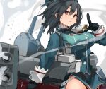  1girl black_gloves black_hair blue_headwear blue_jacket breasts gloves hair_between_eyes hat highres jacket kantai_collection large_breasts long_sleeves looking_at_viewer military military_uniform parted_lips pointing red_eyes rigging short_hair simple_background skirt smoke solo sunday_aki takao_(kancolle) turret uniform white_background 