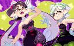  2girls ass_visible_through_thighs bare_arms black_dress black_hair black_jumpsuit black_unitard bow-shaped_hair breasts callie_(splatoon) cleavage cousins detached_collar dress earrings fangs flipped_hair food food_on_head gloves green_pantyhose grey_hair hoop_earrings inkling jewelry jumpsuit marie_(splatoon) mimimimiguchan mole mole_under_eye multiple_girls object_on_head pantyhose pink_pantyhose short_dress short_jumpsuit short_ponytail shorts_under_dress small_breasts splatoon_(series) squid_girl strapless strapless_dress sushi swept_bangs tentacle_hair thick_eyebrows twintails white_gloves yellow_eyes 