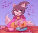 anonymous_artist anthro asian_clothing blush canid canine clothing dialogue east_asian_clothing female fox gesture japanese_clothing kanako_(undertale_yellow) kimono mammal solo suggestive suggestive_gesture tail tail_motion tailwag undertale_(series) undertale_yellow