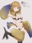  1girl animal_ears bird_ears bird_legs bird_tail black_bra black_panties blue_eyes blue_feathers blush bra breasts brown_feathers brown_hair claws commentary_request commission feathered_wings feathers fur_scarf gradient_wings grey_background harpy highleg highleg_panties long_hair looking_at_viewer midriff monster_girl multicolored_wings navel one_eye_closed original panties sidelocks simple_background skeb_commission small_breasts smile solo standing standing_on_one_leg stomach_jewel strapless strapless_bra tail talons translation_request underwear winged_arms wings yonaga_san 