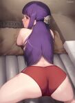  all_fours artist_name ass blunt_bangs bra fern_(sousou_no_frieren) from_behind hair_ornament highres kimoshi long_hair looking_back panties pillow purple_hair red_bra red_panties shiny_skin solo sousou_no_frieren spread_legs underwear 