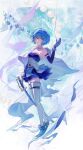  1girl absurdres bare_shoulders blue_eyes blue_footwear blue_hair blue_skirt boots cape detached_sleeves fish fortissimo gloves hair_ornament highres holding holding_sword holding_weapon magical_girl mahou_shoujo_madoka_magica mahou_shoujo_madoka_magica_(anime) miki_sayaka musical_note musical_note_hair_ornament short_hair skirt soul_gem strapless sword thighhighs weapon white_cape white_gloves zutto_(dfvn7377) 