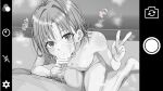  1boy 1girl absurdres bar_censor bare_shoulders barefoot blush breasts censored character_request commentary_request completely_nude erection fellatio female_pubic_hair greyscale hetero highres idolmaster looking_at_viewer male_pubic_hair monochrome nipples norimaki_(haru_koubou) nude oral penis pov pubic_hair short_hair sitting testicles v wariza 