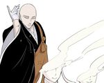  androgynous bald closed_eyes commentary dissolving f.w.zholic gloves highres houseki_no_kuni japanese_clothes kesa kongou_sensei meme parody robe salt_bae_(meme) tsuki_jin white_background white_gloves 