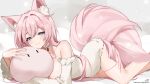  1girl animal_ears bare_shoulders breasts choker closed_mouth collarbone commission detached_sleeves food fox_ears fox_girl fox_tail fruit grey_eyes highres indie_virtual_youtuber k_(art71) long_hair lying mochiimochii_(vtuber) on_stomach pink_hair pink_tail skeb_commission solo sparkle strawberry stuffed_toy tail thank_you twitter_username virtual_youtuber white_choker white_sleeves 