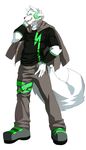  belt black_shirt canine clothed clothing dog fully_clothed fur green_eyes headphones kenn looking_at_viewer male mammal microphone muscular muscular_male sero_tsugumine shirt simple_background solo standing white_background white_fur wolf wristband 