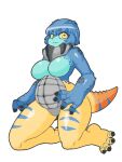 3:4 animal_humanoid big_breasts black_claws blue_body blue_hair blue_scales blue_stripes breasts capcom claws dodogama eyelashes fanged_wyvern featureless_breasts featureless_crotch female grey_body grey_scales hair hi_res humanoid kneeling lizard_humanoid looking_at_viewer monster_hunter nekofy orange_body orange_scales reptile reptile_humanoid scales scalie scalie_humanoid short_hair simple_background slightly_chubby smile solo stripes white_background wide_hips yellow_body yellow_eyes yellow_scales