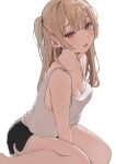  1girl blonde_hair blush breasts camisole cleavage daluto_(hitomi555) dolphin_shorts highres looking_at_viewer medium_breasts mole mole_on_breast mole_under_eye original parted_lips pink_eyes short_shorts shorts simple_background sitting solo white_background white_camisole 
