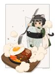  1girl akai_sashimi animal_ears apron artist_name black_eyes black_hair blush border carrot cat_ears closed_mouth corn double-parted_bangs dress fork fried_egg frilled_apron frills green_dress grey_background highres holding holding_fork light_frown long_sleeves looking_at_object maid original outside_border oversized_object riot_shield shield short_hair simple_background skillet smoke solo straight_hair v-shaped_eyebrows white_apron white_border 