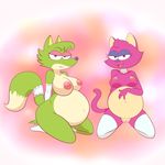  2017 anisava anthro areola bedroom_eyes big_breasts breasts canine cat duo eyelashes fangs feline female fox fur green_fur half-closed_eyes hi_res jenny_(anisava) lonbluewolf looking_at_viewer mammal mostly_nude multicolored_fur nipples open_mouth pink_fur pregnant pussy rosa_(anisava) seductive teeth tongue two_tone_fur white_fur 