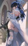  1girl ass back bare_shoulders blue_archive blush breasts dress elbow_gloves gloves gun halo highres large_breasts long_hair looking_at_viewer looking_back mhk_(mechamania) official_alternate_costume panties saori_(blue_archive) saori_(dress)_(blue_archive) solo thighhighs underwear weapon white_dress white_gloves white_panties white_thighhighs 