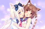  2girls animal_ears aqua_eyes azuki_(sayori) bell blonde_hair blush bow brown_eyes brown_hair catgirl collar game_cg hug long_hair nekopara ribbons sayori seifuku short_hair tail twintails vanilla_(sayori) 