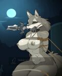 animated anthro anthrofied areola bdsm big_breasts black_nose bondage bound breasts broken_sword broken_weapon canid canine canis dark_souls defeated english_text female fromsoftware full_moon fur gag gagged genitals great_grey_wolf_sif grey_areola grey_body grey_fur grey_nipples hands_behind_back hi_res mammal melee_weapon moon navel night nipples nude pussy solo sword sword_in_mouth text weapon wolf zinnick