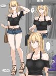  ... 1girl bare_legs bare_shoulders black_shirt blonde_hair bra_strap breasts brown_footwear cleavage clothes_hanger commentary_request crop_top denim denim_shorts fuku_(fuku12290574) grey_background grey_eyes highres holding holding_clothes_hanger long_hair midriff multiple_views navel off-shoulder_shirt off_shoulder original shirt short_shorts short_sleeves shorts small_breasts spoken_ellipsis stuffed_animal stuffed_toy teddy_bear thighs two_side_up 