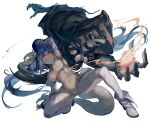  1girl blue_eyes detached_sleeves dizzy_(guilty_gear) guilty_gear highres hood hood_up long_hair navel necro_(guilty_gear) oeillet_vie red_eyes revealing_clothes skeleton tail thighhighs white_thighhighs 