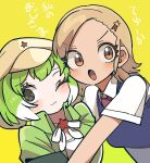  2girls absurdres angol_mois blonde_hair bow bowtie brown_eyes cardigan green_eyes green_hair hair_ornament hairpin hat highres jacket kanmoku-san kemono_friends kemono_friends_3 keroro_(kemono_friends) keroro_gunsou looking_at_viewer multicolored_hair multiple_girls necktie one_eye_closed shirt short_hair simple_background star_(symbol) translation_request two-tone_hair white_hair yellow_background 