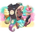  1girl :p aqua_eyes aqua_hair black_gloves black_hair brown_hair cephalopod_eyes commentary dark-skinned_female dark_skin eating english_commentary eyelashes food gloves holding holding_spoon ice_cream long_hair marina_(splatoon) mole mole_under_mouth multicolored_background multicolored_hair octoling one_eye_closed prehensile_hair purple_hair red_pupils solo splatoon_(series) splatoon_3 spoon stup-jam tentacle_hair thick_eyebrows tongue tongue_out upper_body 