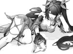  0ko888 1girl :d arm_support bare_shoulders bow breasts cleavage collarbone criss-cross_halter dress fox_mask gloves greyscale hair_bow hair_spread_out halterneck head_rest holding holding_mask honkai:_star_rail honkai_(series) large_breasts long_bangs long_hair looking_down lying mask monochrome o-ring on_side open_mouth outstretched_arm pelvic_curtain short_dress sidelocks single_glove sleeveless sleeveless_dress smile solo sparkle_(honkai:_star_rail) thighs twintails very_long_hair 
