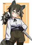  1girl :&lt; absurdres animal_ears arknights black_gloves black_pantyhose blush brown_hair closed_mouth collared_shirt combat_knife cowboy_shot gloves green_shorts halftone head_tilt hendra highres holding holding_knife inset_border knife long_hair looking_at_viewer multicolored_hair pantyhose raccoon_ears raccoon_girl robin_(arknights) shirt shorts signature simple_background solo streaked_hair weapon white_hair white_shirt yellow_background yellow_eyes 