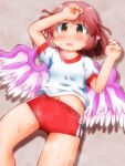  1girl animal_ears bird_ears bird_wings blush breasts brown_eyes buruma gym_shirt gym_uniform heart highres looking_at_viewer matty_(zuwzi) mystia_lorelei open_mouth pink_hair red_buruma shirt short_hair short_sleeves small_breasts solo touhou white_shirt white_wings wings 