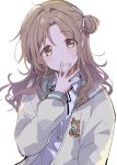  1girl black_ribbon blush bow brown_eyes brown_hair closed_mouth dot_nose grey_jacket hair_bow hair_bun hair_ribbon hand_up highres ichikawa_hinana idolmaster idolmaster_shiny_colors jacket long_hair long_sleeves looking_at_viewer nail_polish neck_ribbon open_clothes open_hand open_jacket parted_bangs ribbon school_uniform shirt simple_background single_hair_bun single_side_bun solo upper_body white_background white_ribbon white_shirt yellow_nails yoshisawa 