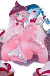  2girls :o absurdres animal_ear_fluff animal_ears bare_legs bare_shoulders barefoot blue_hair blue_nails blush bow bowtie braid braided_ponytail cat_ears closed_mouth commission dot_nose feet foot_focus greek_toe green_shirt hair_between_eyes highres long_hair looking_at_viewer medium_hair multiple_girls nail_polish original parted_lips pink_hair pink_nails pixiv_commission presenting_foot red_bow red_bowtie sandals shade shirt shoes side_ponytail sidelocks simple_background sitting soles toenail_polish toenails toes unworn_shoes w_(w64851564) white_background wing_hair_ornament 