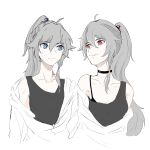  2girls ahoge alternate_costume bare_shoulders black_choker black_sports_bra black_tank_top blue_eyes blue_hair choker closed_mouth elvo-.-_(ugo62847033) fu_hua grey_hair hair_between_eyes hair_ornament high_ponytail highres honkai_(series) honkai_impact_3rd light_smile long_hair long_sleeves looking_at_another multicolored_hair multiple_girls off_shoulder ponytail red_eyes shirt simple_background single_bare_shoulder single_off_shoulder sports_bra sportswear streaked_hair sweat tank_top upper_body white_background white_hair white_shirt yellow_pupils 