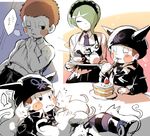  1boy 1girl apron bangs black_dress black_gloves blush brown_hair buttons cake cat cup danganronpa dress duo eating eyebrows eyes_closed food fork gloves green_hair hair_over_one_eye hat headdress hoshi_ryouma jacket maid maid_headdress necktie new_danganronpa_v3 pants shirt short_hair side_bangs smile suurin_(ksyaro) sweat tail tie toujou_kirumi white_shirt 