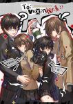  2boys 2girls :o ? akechi_gorou amamiya_ren artist_name black-framed_eyewear black_eyes black_gloves black_hair black_jacket black_necktie black_pants black_ribbon black_skirt blush boy_and_girl_sandwich brown_hair brown_jacket coffee commentary cowboy_shot cup disposable_cup english_commentary film_grain flying_sweatdrops food genderswap genderswap_(mtf) glasses gloves grey_background hand_on_another&#039;s_chest hand_up highres holding holding_cup jacket kobayashiyouyouko kosei_high_school_uniform long_hair long_sleeves multiple_boys multiple_girls neck_ribbon necktie necktie_grab neckwear_grab open_mouth outline pants persona persona_5 plaid plaid_pants plaid_skirt pleated_skirt red_eyes ribbon sandwich sandwiched school_uniform shirt shuujin_academy_school_uniform simple_background skirt sparkle speech_bubble striped_necktie striped_ribbon turtleneck twitter_username white_outline white_shirt 