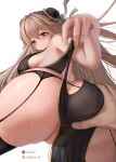  1girl absurdres anchorage_(azur_lane) anchorage_(moonlit_boat_ride)_(azur_lane) ass ass_cutout ass_grab azur_lane back_cutout bare_shoulders black_garter_belt black_garter_straps breasts bun_cover china_dress chinese_clothes clothes_lift clothing_cutout double_bun dress from_behind garter_belt garter_straps grabbing_another&#039;s_ass groping hair_bun highres lifted_by_self light_brown_hair long_hair looking_at_viewer looking_back no_panties official_alternate_costume pelvic_curtain pelvic_curtain_lift pussy pussy_juice rodriguez_(kamwing) sideboob spread_pussy thighhighs 