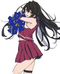  1girl atenaba bare_shoulders black_hair cheerleader commentary_request highres kamitsubaki_studio koko_(kamitsubaki_studio) long_hair looking_at_viewer midriff_peek mole mole_under_eye multicolored_hair open_mouth pleated_skirt pom_pom_(cheerleading) purple_eyes purple_hair red_shirt red_skirt shirt simple_background skirt sleeveless sleeveless_shirt solo streaked_hair thigh_strap white_background 