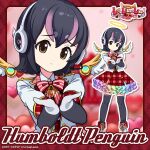  1girl angel angel_wings black_eyes black_hair boots bow bowtie full_body gloves headphones heart highres humboldt_penguin_(kemono_friends) jacket kemono_friends kemono_friends_v_project lifelikealive looking_at_viewer microphone multicolored_hair official_art penguin_girl pink_background purple_hair shirt short_hair simple_background skirt solo thighhighs two-tone_hair upper_body virtual_youtuber wings 