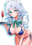  1girl alcohol aqua_eyes bikini blue_bikini blush bow bowtie braid breasts cleavage collar cowboy_shot cup detached_collar detached_sleeves drinking_glass frilled_sleeves frills green_bow green_bowtie grey_hair groin hair_bow highres holding holding_tray izayoi_sakuya large_breasts looking_at_viewer maid_headdress medium_hair micro_bikini puffy_short_sleeves puffy_sleeves scavia10 short_sleeves side-tie_bikini_bottom simple_background smile solo swimsuit thighs touhou tray twin_braids white_background white_headdress wine wine_glass 