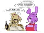 4:3 alcohol animatronic anthro avian beer beverage big_breasts bird bonnie_(cally3d) bonnie_(fnaf) bottle breasts buckteeth chica_(cally3d) chica_(fnaf) chicken container dialogue duo english_text female five_nights_at_freddy&#039;s food fredina&#039;s_nightclub galliform gallus_(genus) hi_res holding_bottle holding_container holding_object lagomorph leporid machine mammal phasianid pizza profanity rabbit robot scottgames speech_bubble stormkinght teeth text tired tired_eyes