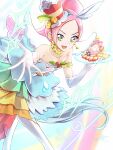  1girl animal_ears bare_shoulders berry boots choker clear_glass_(mildmild1311) collarbone commentary_request cure_parfait dress earrings elbow_gloves food food-themed_hair_ornament fruit gloves hair_ornament headband highres horse_ears jewelry kirakira_precure_a_la_mode kiwi_(fruit) leaf lemon long_hair open_mouth orange_(fruit) outstretched_arm parfait pearl_choker pearl_earrings pink_hair plate ponytail precure strapless strapless_dress tail turquoise_dress white_footwear white_gloves white_tail white_wings wings 