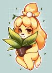 accessory animal_crossing anthro bebetka blonde_hair blush blush_stickers digital_drawing_(artwork) digital_media_(artwork) female fur hair hair_accessory hi_res holding_object holding_planet isabelle_(animal_crossing) mostly_nude nintendo plant plant_pot potted_plant smile solo yellow_body yellow_fur