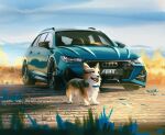  animal_focus audi audi_rs6 blue_collar cloud collar dog english_commentary grass highres marta_danecka original sky smile tongue tongue_out vehicle_focus welsh_corgi 