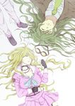  1girl 2boys ahoge barbed_wire blonde_hair breasts choker cleavage danganronpa eyes_closed fingerless_gloves gloves goggles gokuhara_gonta green_hair group iruma_miu long_hair multiple_boys necktie new_danganronpa_v3 ouma_kokichi pants pink_shirt school_uniform serafuku shirt shoes skirt sleeping suit tie trio uniform white_shirt yaaaaaaama. 