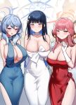  3girls absurdres ako_(blue_archive) ako_(dress)_(blue_archive) aru_(blue_archive) aru_(dress)_(blue_archive) bare_shoulders black_hair blue_archive blue_dress blue_hair blue_halo blush breasts cleavage closed_mouth colored_inner_hair commentary_request covered_navel demon_girl demon_horns dishui_tangni dress gloves halo hand_up highres horns large_breasts looking_at_viewer medium_hair multicolored_hair multiple_girls official_alternate_costume pink_hair red_dress red_halo saori_(blue_archive) saori_(dress)_(blue_archive) side_slit smile strapless strapless_dress thighs white_dress white_gloves 