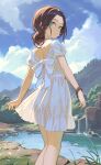  1girl aqua_eyes ass blue_sky bracelet brown_hair cloud day dress forest highres jewelry looking_at_viewer looking_back mountainous_horizon nature original outdoors panties river see-through see-through_dress short_hair sky smile solo timbougami underwear water white_dress white_panties 