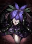  1girl absurdres black_gloves black_hair china_dress chinese_clothes covered_eyes dress flower flower_on_head gloves hands_on_own_head highres kneeling lipstick long_hair looking_at_viewer makeup open_mouth purple_dress purple_eyes solo tongue tongue_out touhou very_long_hair vine_print yama_kabosu yomotsu_hisami 