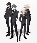  1girl 3boys absurdres alternate_costume arms_behind_back belt belt_buckle black_footwear black_hair black_jacket black_necktie black_pants black_suit blonde_hair blue_eyes blue_hair brown_belt buckle closed_mouth collared_shirt colored_eyelashes crossover expressionless fate/grand_order fate_(series) formal hair_between_eyes hair_bun hair_over_one_eye hair_over_shoulder highres historical_connection ichimonji_norimune jacket long_hair magoroku_kanemoto_(touken_ranbu) medium_hair multiple_boys necktie okita_souji_(fate) okita_souji_(koha-ace) pants ponytail saitou_hajime_(fate) shirt short_hair simple_background single_hair_bun smile standing suit tandem touken_ranbu white_eyes white_shirt 