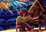  1other absurdres androgynous antenna_hair artist_name brown_footwear brown_hair brown_pants child colored_skin commentary_request concert covered_face deltarune from_side full_body grand_piano green_sweater heart highres instrument kris_(deltarune) light_rays logo long_sleeves music other_focus pants piano playing_instrument scenery shaded_face shoes short_hair sitting solo stage_lights stool sweater watawata22 yellow_skin 