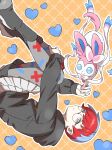  black_footwear black_hoodie blue_hair boots closed_mouth gcckg glasses grey_eyes heart highres hood hood_down hoodie long_sleeves looking_at_viewer penny_(pokemon) pleated_skirt pokemon pokemon_(creature) pokemon_sv red_hair round_eyewear short_hair simple_background skirt sylveon 